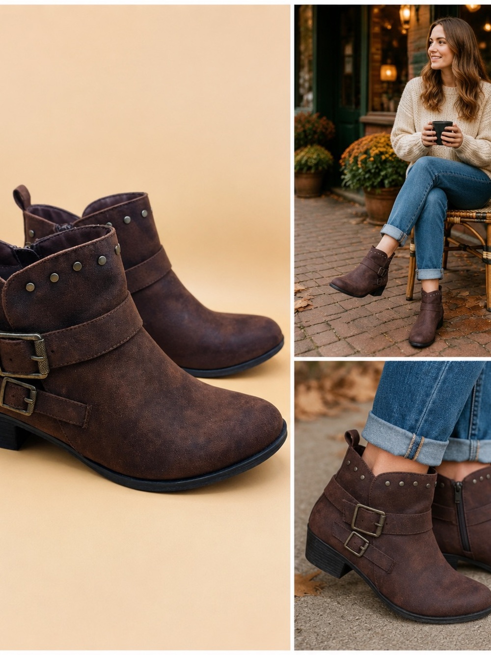 Falls Creek Womens Ankle Boots Size 9 Brown Studded Double Buckle Moto Western